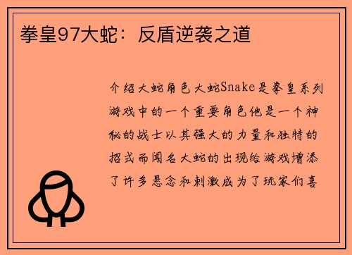 拳皇97大蛇：反盾逆袭之道